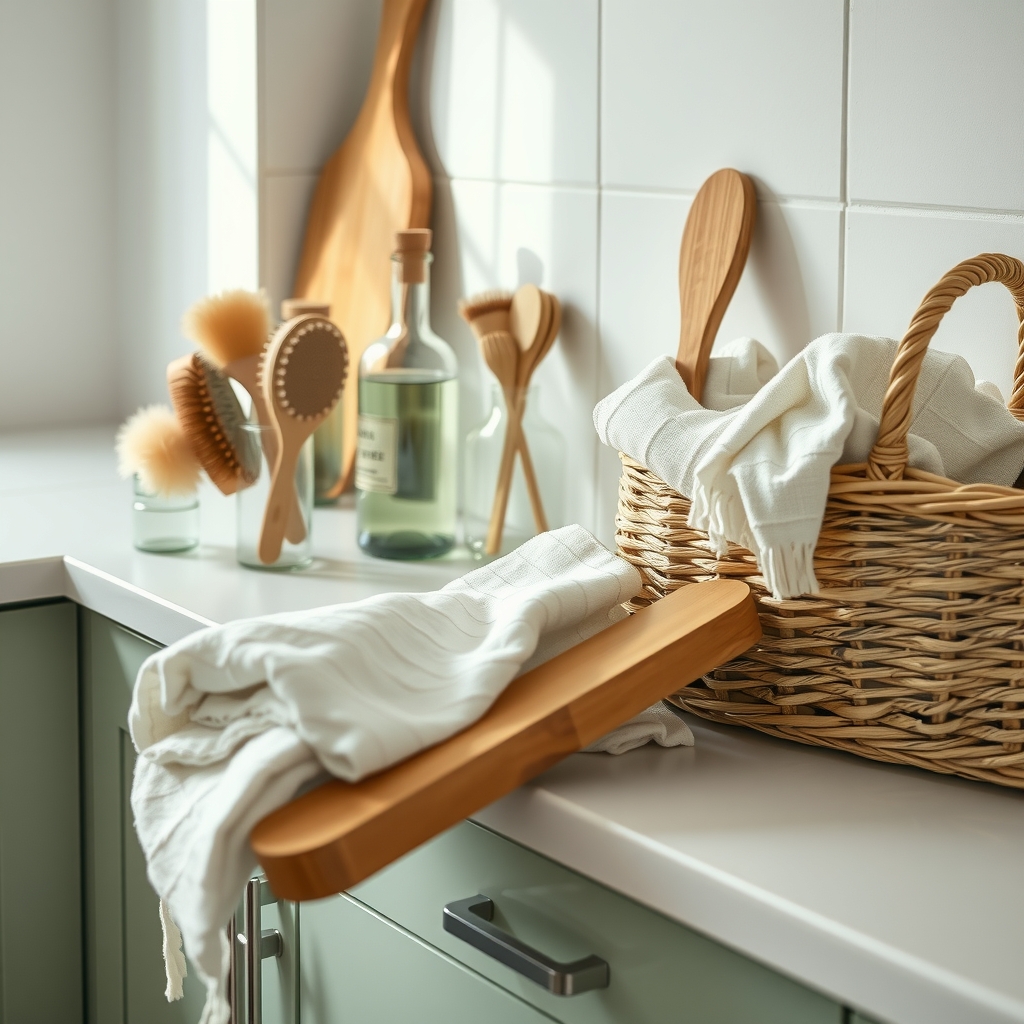Sustainable home essentials on a kitchen counter