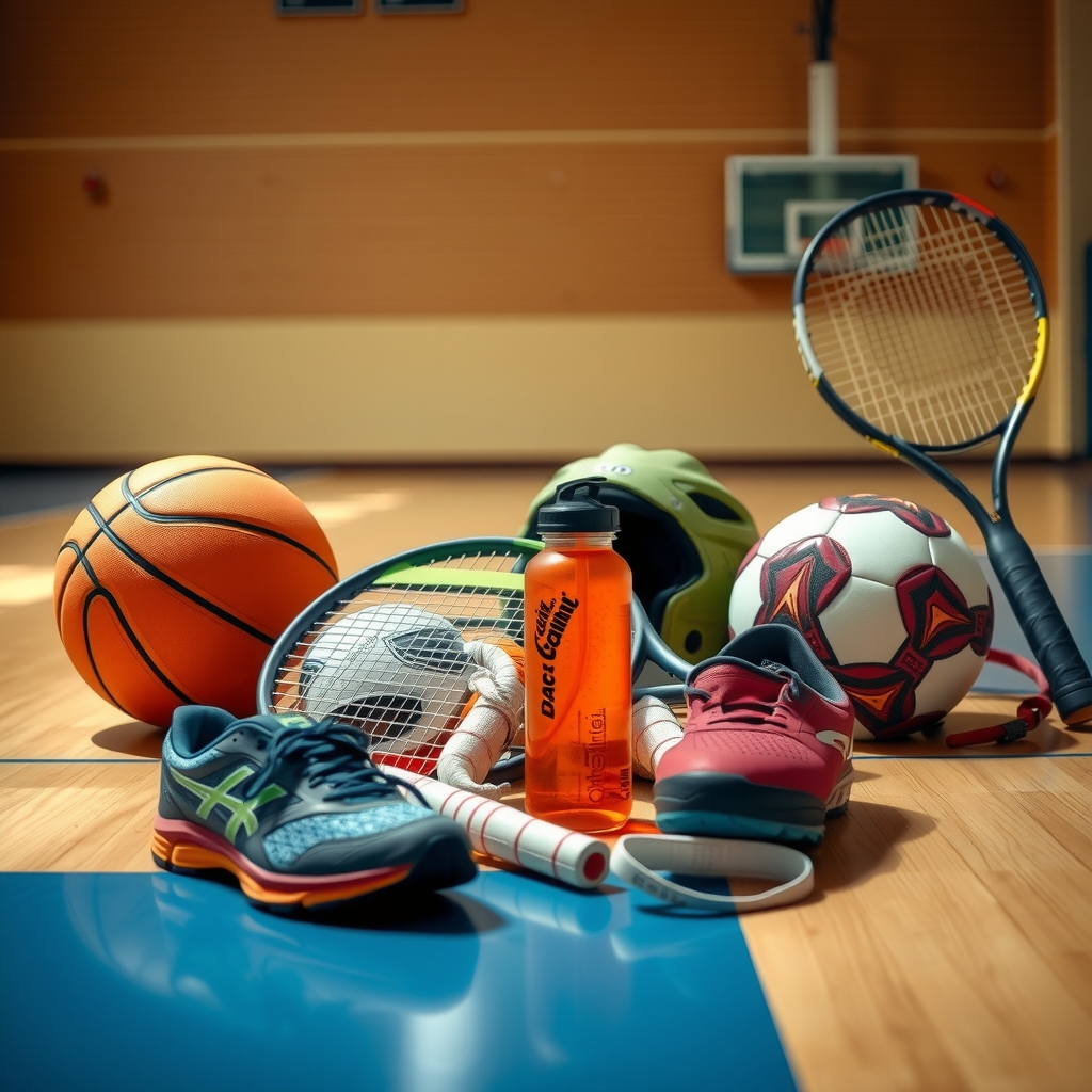 Assorted sports equipment on a gym floor