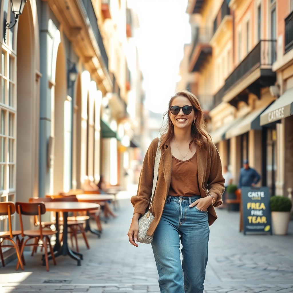 Woman in a comfortable everyday outfit on a city street