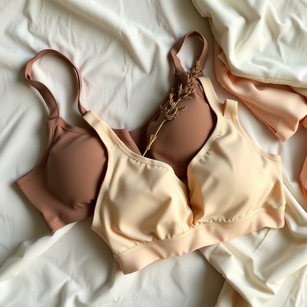 Flat lay of soft wireless bras and loungewear