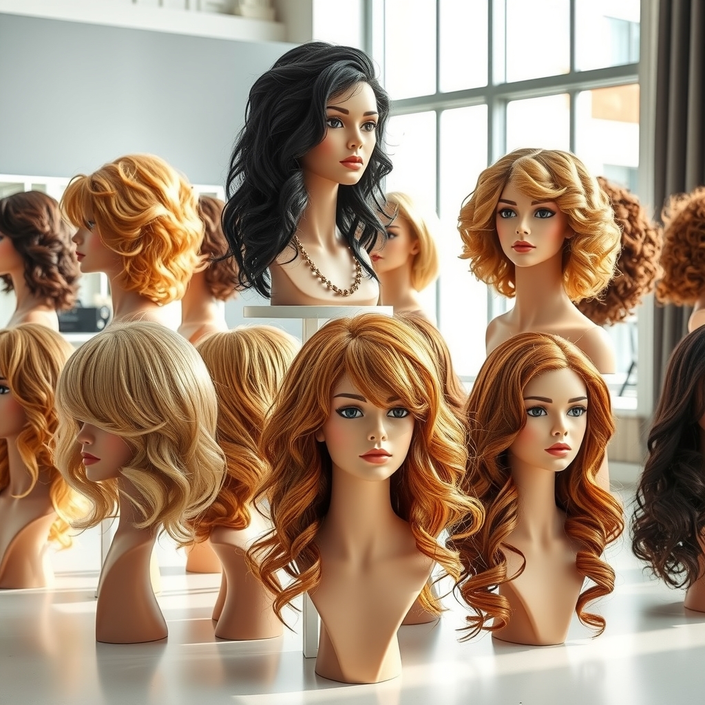 Natural-looking wigs on display in a salon