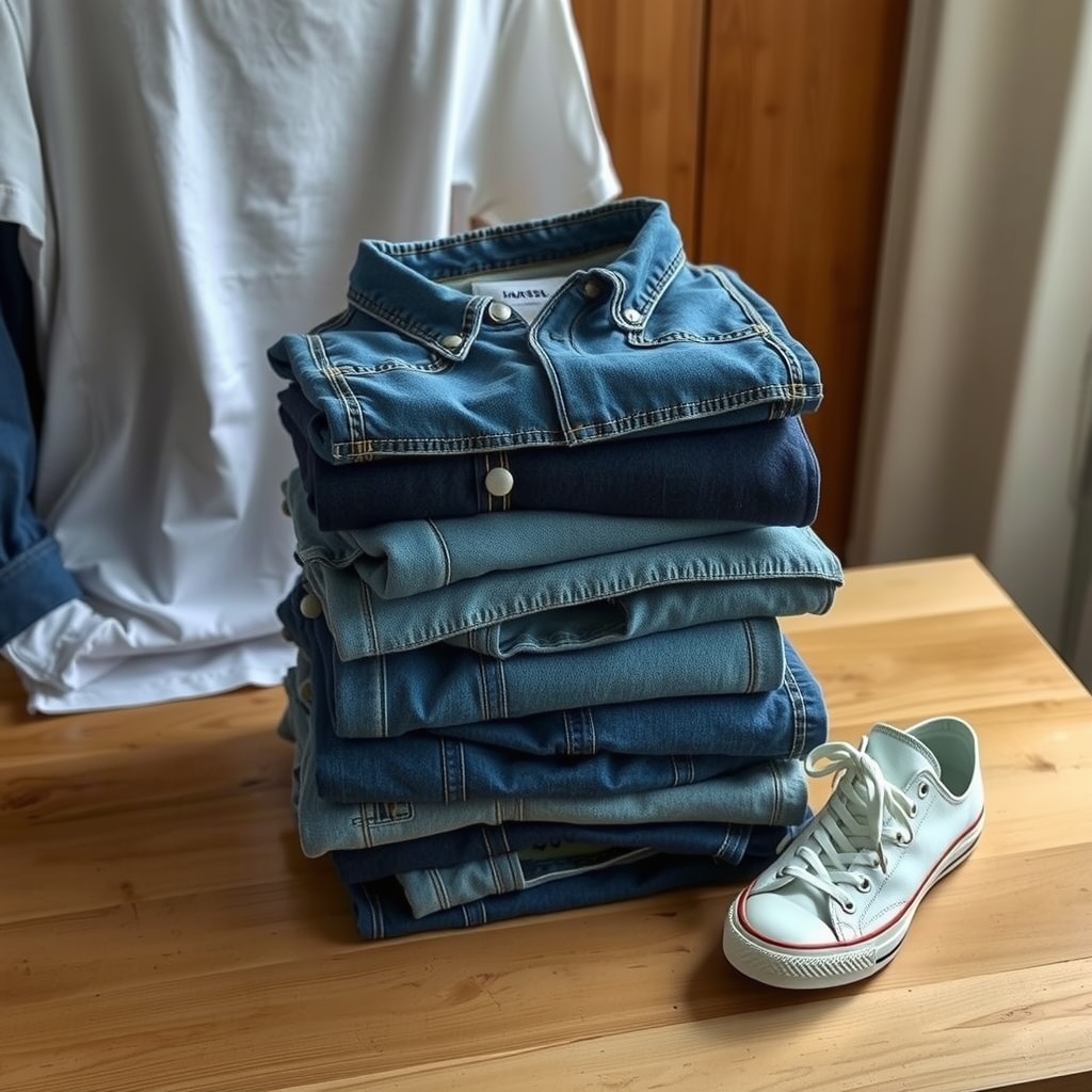 Folded jeans and denim jacket with sneakers
