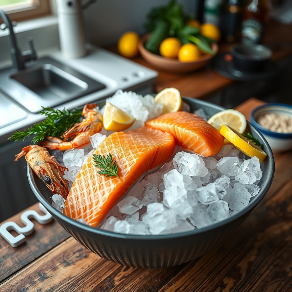 Fresh salmon and prawns on ice