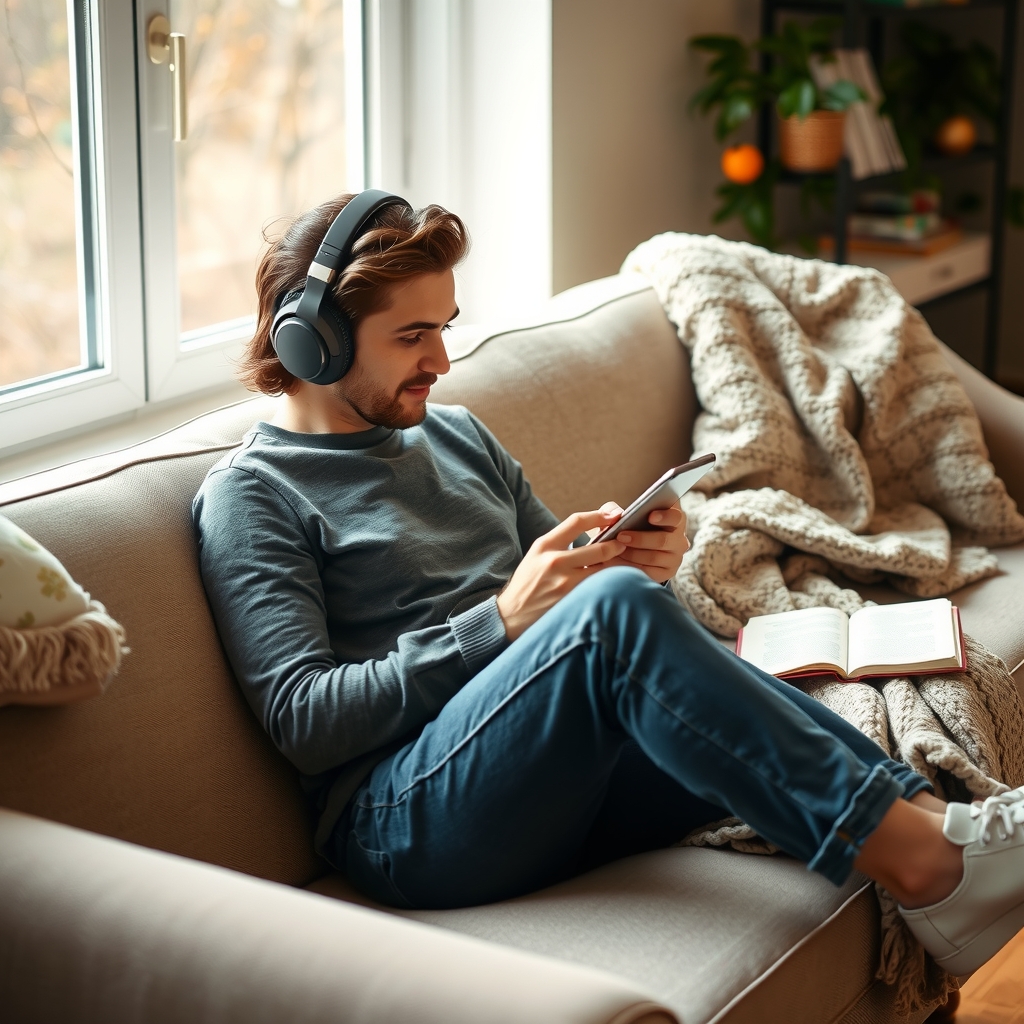 Man listening to an audiobook on the sofa