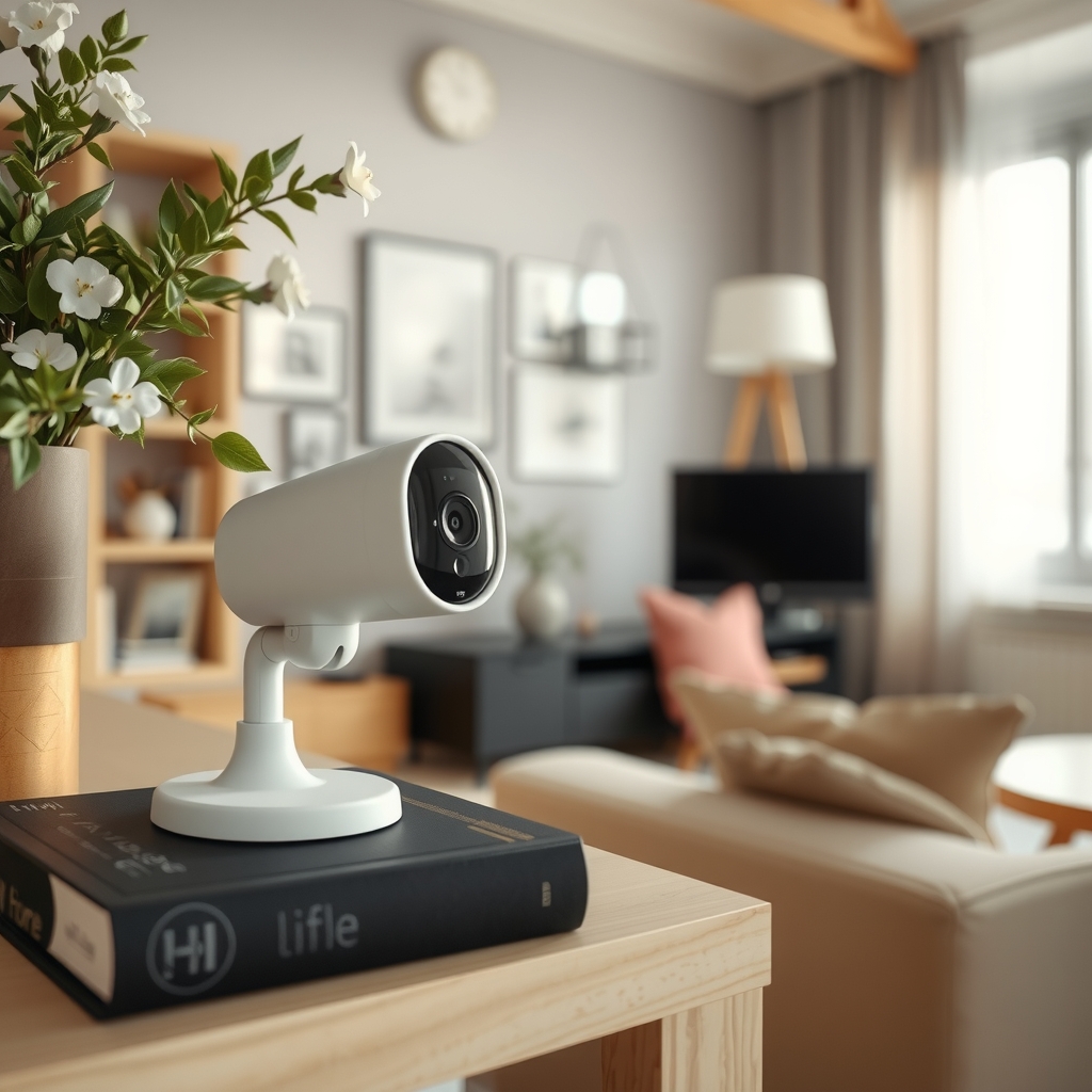 Home security camera on a living room shelf