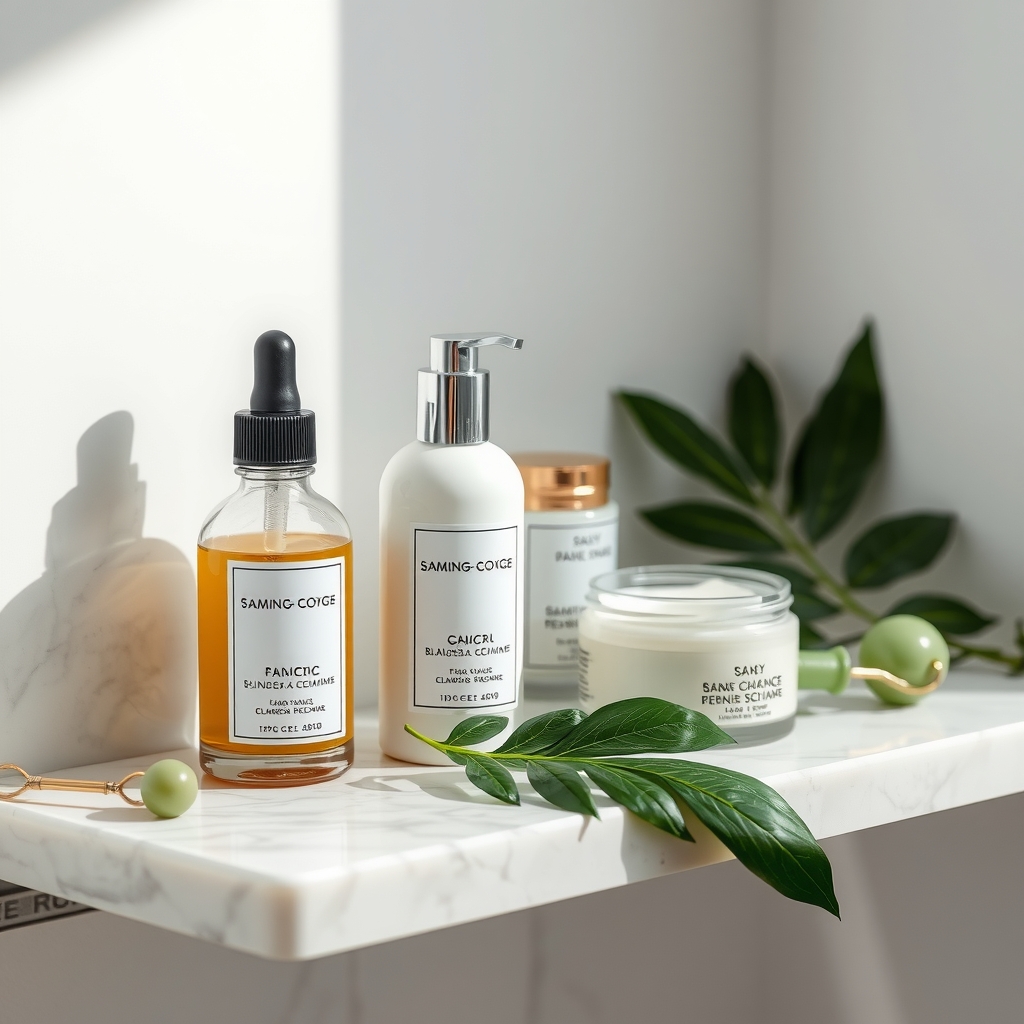 Organic skincare products on a marble shelf