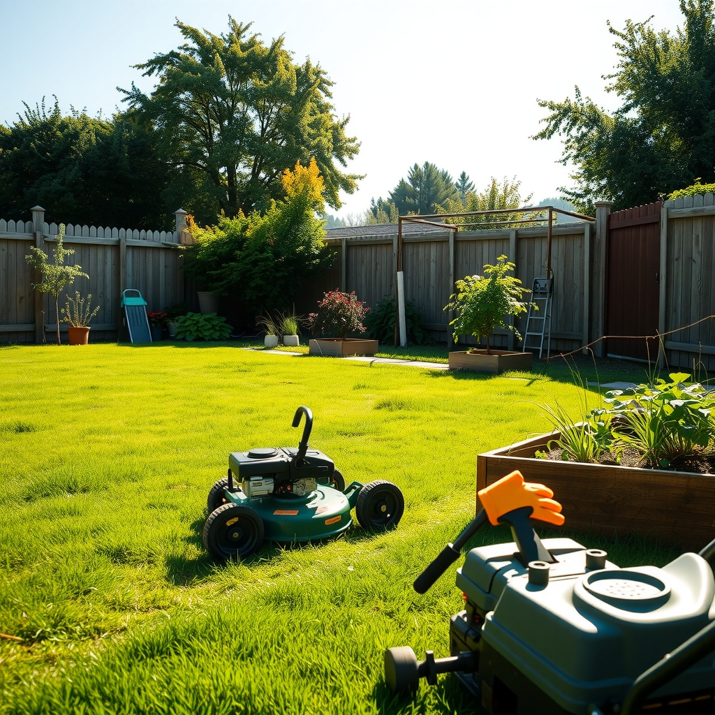 Lawn mower and garden tools in a sunny backyard