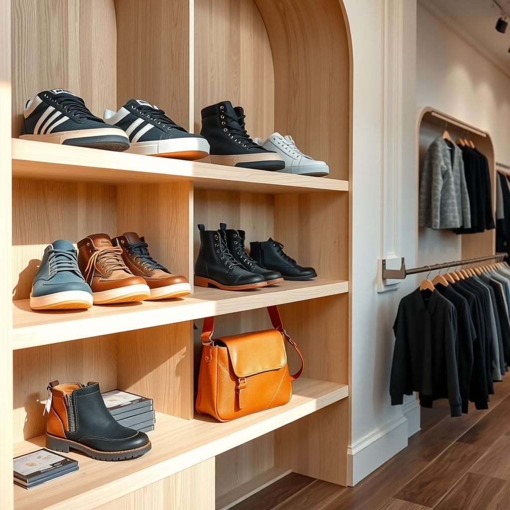 Sneakers, boots and a bag on boutique shelves