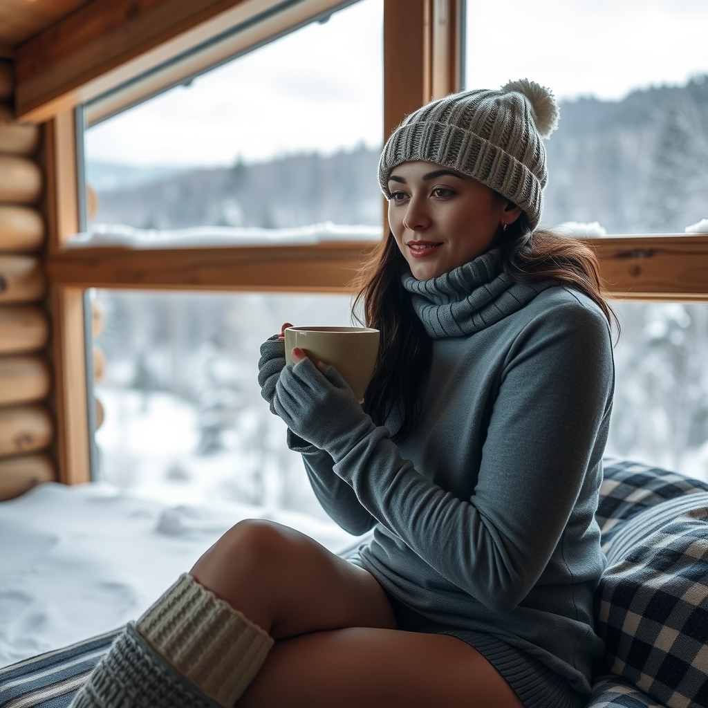 Woman in thermal winter wear with a warm drink